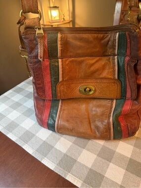Fossil Leather Multi-Color Striped Crossbody Shoulder Bag - Brown, Red, Green
